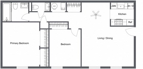 Floor plan for 2 beds, 1.5 baths, 990 sqft